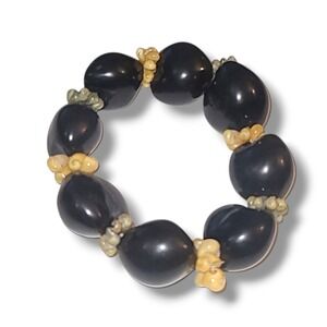 Vintage Kukui Nut Stretch Bracelet Black Hawaiian Island Tiny Shell Accents